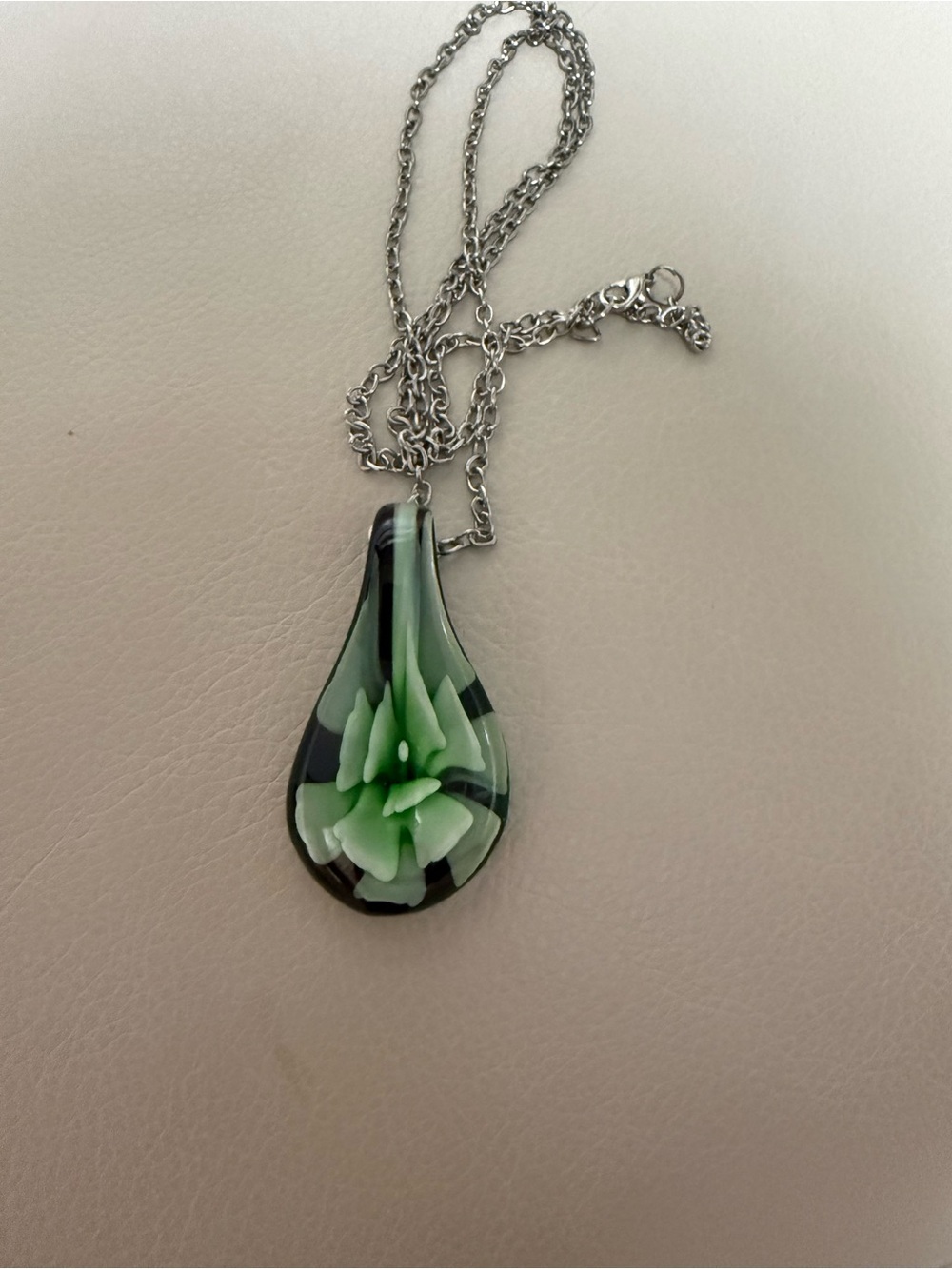 Handcrafted Green Floral Glass Teardrop Necklace on Silver Chain